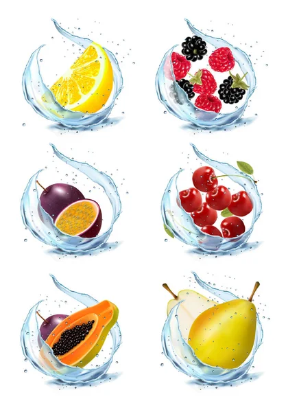 一组水果和浆果在水里飞溅 覆盆子 芒果在水里飞溅和滴 矢量说明 — 图库矢量图片