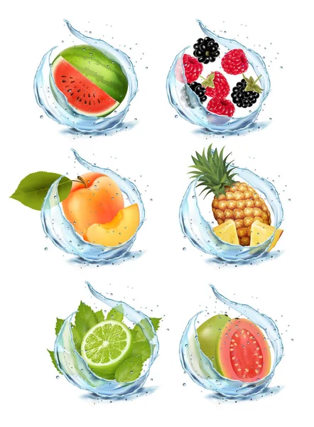 Set Fruits Berries Water Splash Apricot Watermelon Cherry Papaja Pineapple — Stock Vector