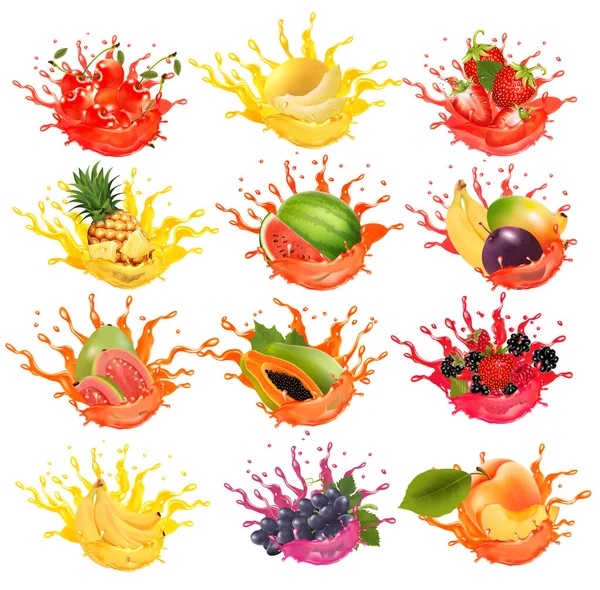 果汁中喷溅的水果和浆果 西番莲 覆盆子 李子汁 — 图库矢量图片