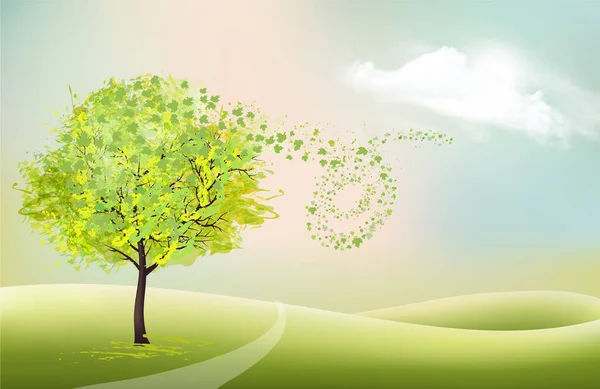 Yeşil Bir Ağacı Manzarası Olan Güzel Bir Yaz Doğası Vektör — Stok Vektör