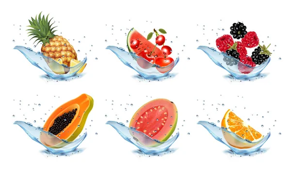 Set Fruits Berries Water Splashes Apricot Watermelon Cherry Raspberry Blackberry — Stock Vector