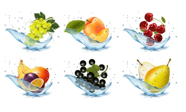 Eine Reihe Von Früchten Und Beeren Wasser Spritzt Aprikose Wassermelone — Stockvektor
