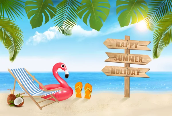 Summer Vacation Background Travel Items Flamingo Sea Vector — Stock Vector