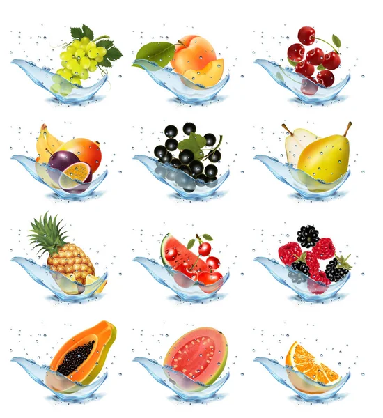 Ensemble Fruits Baies Dans Les Éclaboussures Eau Abricot Pastèque Cerise — Image vectorielle