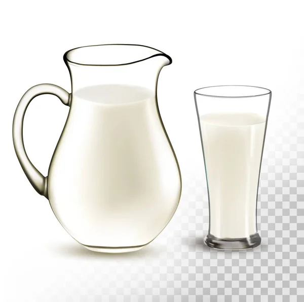 天然全脂牛奶在水罐和玻璃隔离在透明背景 — 图库矢量图片