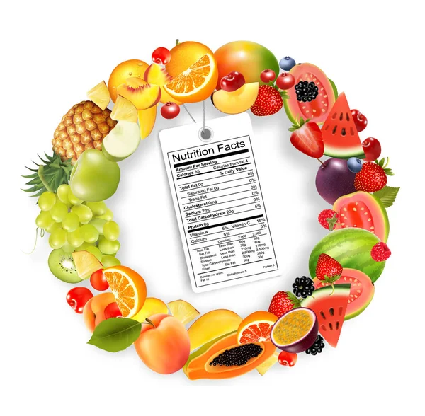 水果蔬菜和营养标签 节食的概念 覆盆子 番石榴 — 图库矢量图片