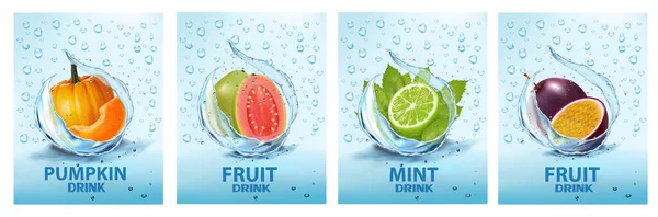 Set Labels Fruit Vegetables Drink Fresh Fruits Juice Splashing Together — Stock Vector