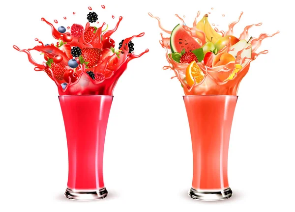 Pink Berry Juice Splash Whole Sliced Strawberry Raspberry Cherry Blueberry — Stock Vector