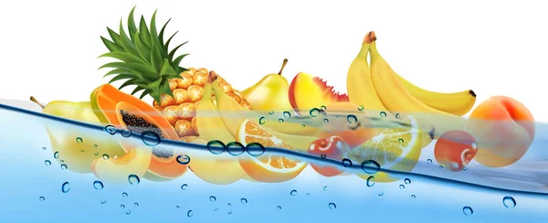 透明な水と酸素バブルのフレッシュフルーツと甘い果実 パイナップル バナナ チェリー オレンジ クロン マンゴー パパイヤ ベクター — ストックベクタ