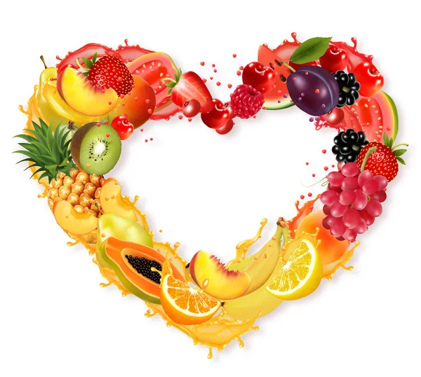 フルーツと果実 スプラッシュフレーム 心臓の形 イチゴ ラズベリー ブルーベリー ブラックベリー オレンジ ガヴァ スイカ — ストックベクタ