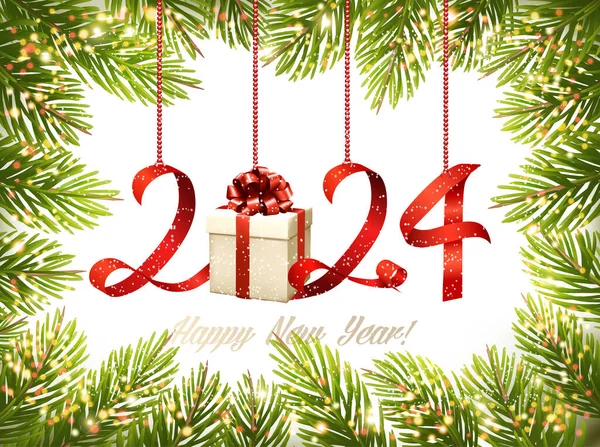 メリークリスマスと木の枝と数字2024との幸せな新年の背景 ベクター ストックイラスト