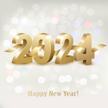 Mutlu Noeller ve mutlu yıllar 2024. Altın kurdeleli 3D numaralar. Vektör