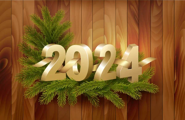 Новым 2024 Годом Рождеством Христовым Золотые Номера Золотыми Лентами Ветвь Векторная Графика