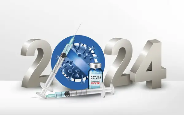 ワクチンと注射器とボトルを備えたストップコビドシンボルの新年2024番号 ベクター ロイヤリティフリーストックベクター