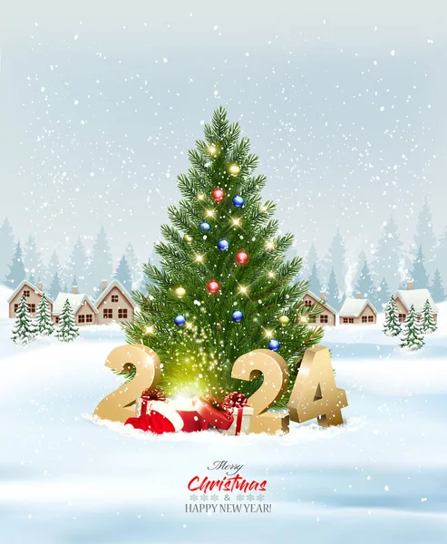 Праздничный Рождественский Фон Зимней Деревней Заснеженными Елками Елкой Отдыха 2024 Лицензионные Стоковые Иллюстрации