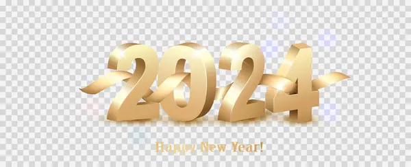 Merry Christmas Happy New Year 2024 Golden Numbers Gold Ribbon — Stock Vector