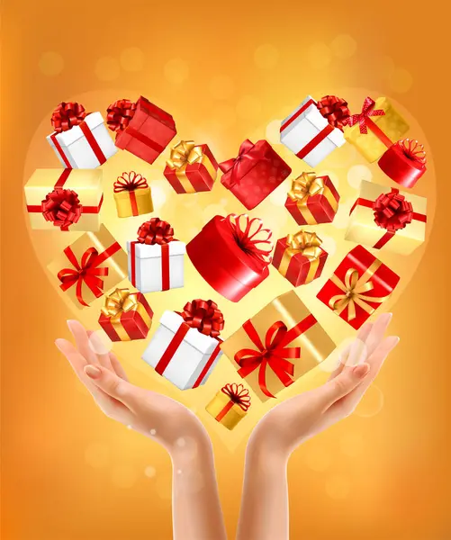 Fond Vacances Avec Les Mains Tenant Des Boîtes Cadeaux Recueillies — Image vectorielle