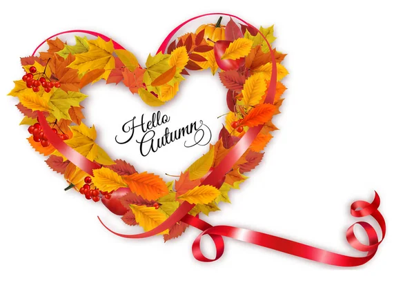 紅いスパークリングリボンで囲まれた心臓の形をした秋のカラフルな森の葉と赤い果実 セールフレーム ベクトルイラスト ロイヤリティフリーストックベクター