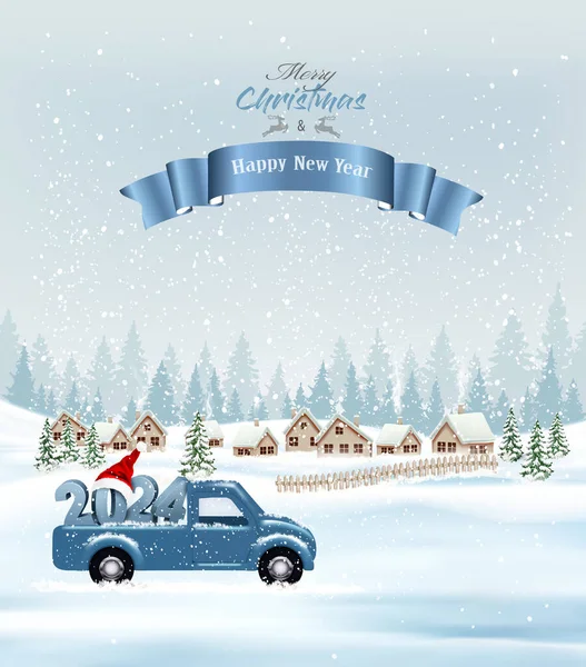 ホリデークリスマスとハッピーニューイヤーのバックグラウンドと夕方の風景と2024の数字とサンタの帽子で青い車 冬のイラスト バナー ベクター ロイヤリティフリーのストックイラスト