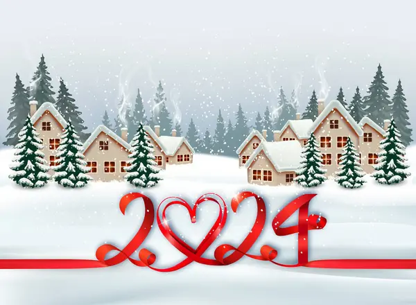 冬の村と樹木と赤いリボンとのホリデークリスマスとハッピーニューイヤーのバックグラウンド 2024 ベクター ストックベクター