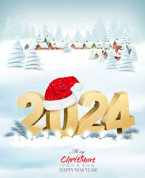 Kellemes Karácsonyi Újévi Nyaralás Háttér Karácsonyi Táj 2024 Számok Mikulás Stock Illusztrációk