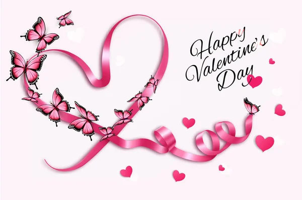 Boldog Valentin Napot Gyönyörű Háttér Pillangókkal Rózsaszín Szív Alakú Szalaggal — Stock Vector