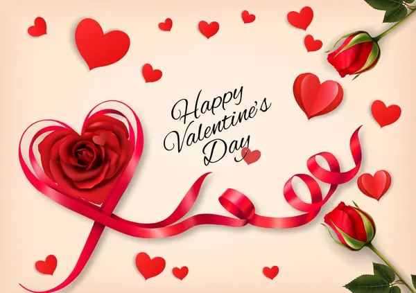 День Святого Валентина Отримує Листівку Червоними Трояндами Паперовими Серцями Червоними — стоковий вектор