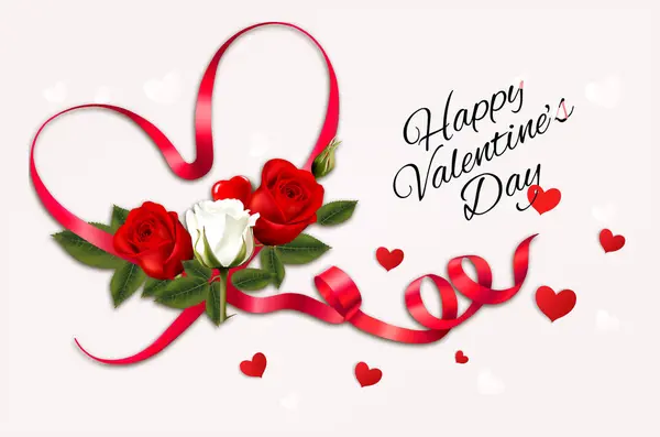 情人节快乐 美丽的背景 红白相间的玫瑰和红心带 免版税图库插图