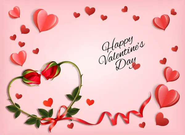 День Святого Валентина Отримує Листівку Червоними Трояндами Формі Серця Паперових — стоковий вектор