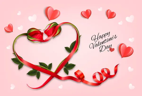情人节假期收到红玫瑰卡片 红玫瑰形状的心和纸的心 矢量说明 矢量图形
