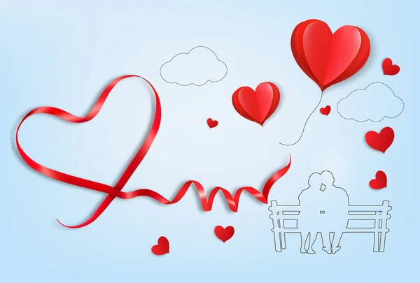 Happy Valentine Day Getting Card Red Heart Shape Ribbon Couple Royaltyfrie stock-vektorer