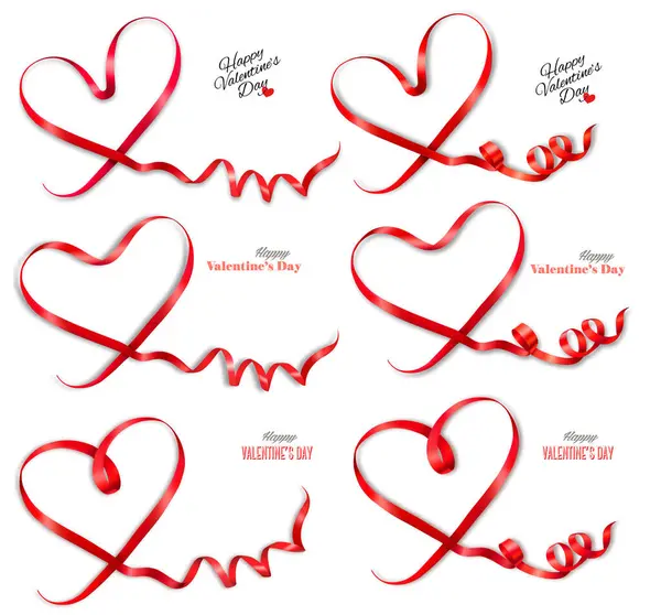 Mega Set Gift Cards Red Ribbons Shaped Hearts Valentine Day Stock Illustration