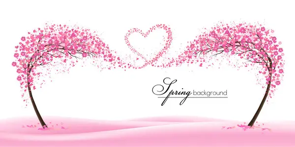 春天的自然背景 有风格化的树代表着季节的春天 开着春花的树 心形如心 — 图库矢量图片