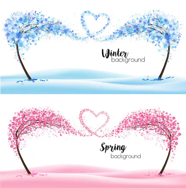 两个季节的自然背景和代表季节的风格化树 冬季和春季 雪花飘扬 春花盛开的树 心形如花 图库矢量图片