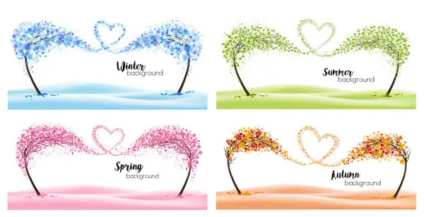 四个季节的自然背景和代表一个季节的风格化树 夏天和秋天 图库矢量图片