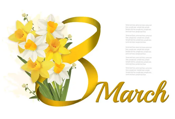 3月8日 黄色和白色花朵的假日背景自恋和金色缎带 矢量图形
