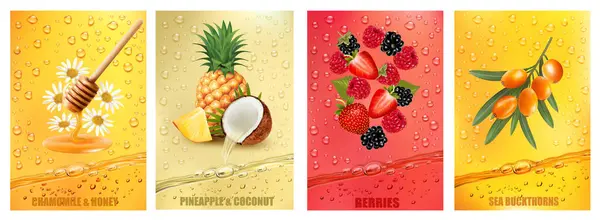 Set Labels Fruit Berry Drink Fresh Fruits Juice Splashing Together Royalty Free Εικονογραφήσεις Αρχείου