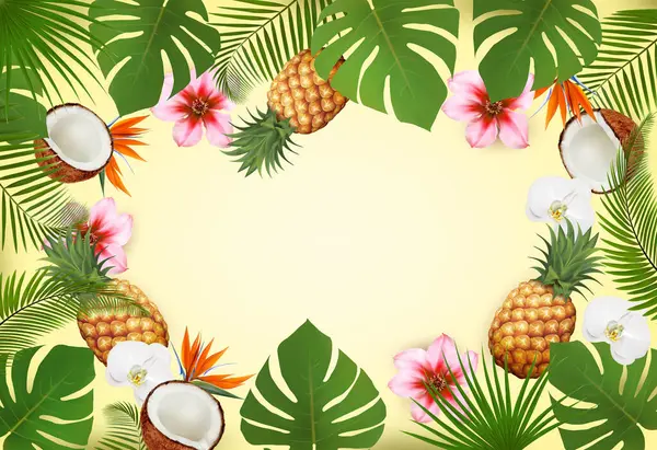 Sommer Tropisk Baggrund Med Palmeblade Farverige Blomster Eksotisk Frugt Vektor Stock-vektor