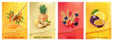 Meyve ve meyveli içecek etiketleri. Taze meyve suyu birlikte sıçrıyor. Bal, tutku meyvesi, limon, zencefil, ananas, çilek, ahududu, dikenli su sıçratma. Vektör
