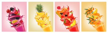 Meyve suyu serpintisi. Tam ve dilimlenmiş ananas, mango, şeftali, portakal, kiraz, yabanmersini, çilek, papaya, sudaki deniz dikenleri ve damlalar. Vektör