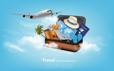 Turist taşıma geçmişi. Uçak, seyahat eşyalarıyla dolu bavul. Turist reklamları için pankart tasarımı. Vektör.
