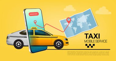 Taksi servisi konsepti. Sarı taksi, çağrı yerine gidiyor ve elinde mobil taksi uygulamalı akıllı telefon ya da online taksi siparişi veriyor..
