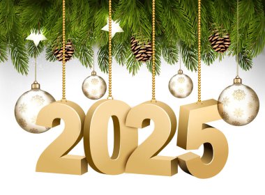 Ağaç çelenkleri, 2025 numara ve saydam toplarla mutlu yıllar ve Noel tatili çerçevesi. Vektör.