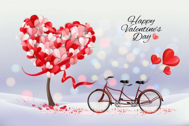 Sevgililer Günü geçmişi. Bisikletli bisiklet ve kalp şeklinde yaprakları olan ağaç. Vektör