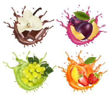 Meyve ve böğürtlenli meyve suyu. Üzüm, şeftali, çilek, erik, vanilya, çikolata, meyve suyunda erik. Vektör