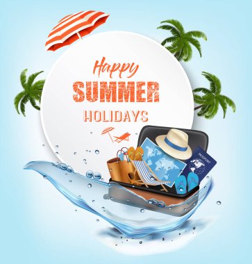 Yaz tatili geçmişi. Suyun üstünde seyahat malzemeleri ve palmiye ağaçları vardı. Vektör.