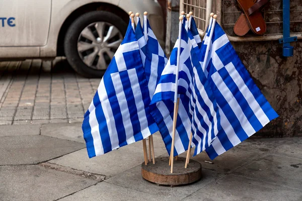 Athens Greece Nov 2021 Group Small Greek Flags Standing Street — Stock Photo, Image