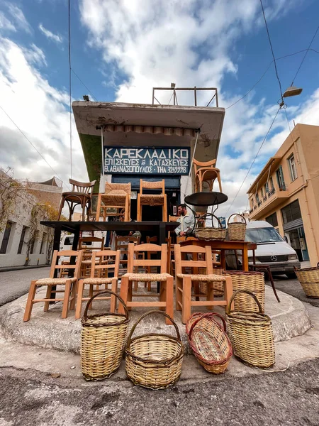 stock image Athens, Greece - 25 Nov 2021: Traditional handmade baskets and household items sold at a basket shop in Athens, Greece.