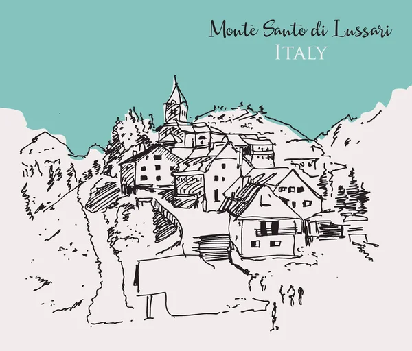 Векторный Эскиз Монте Санто Луссари Небольшого Горнолыжного Курорта Северной Италии — стоковый вектор
