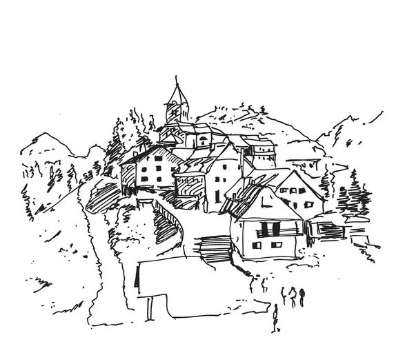 Vektorový Ručně Kreslený Náčrt Monte Santo Lussari Malé Lyžařské Středisko — Stockový vektor